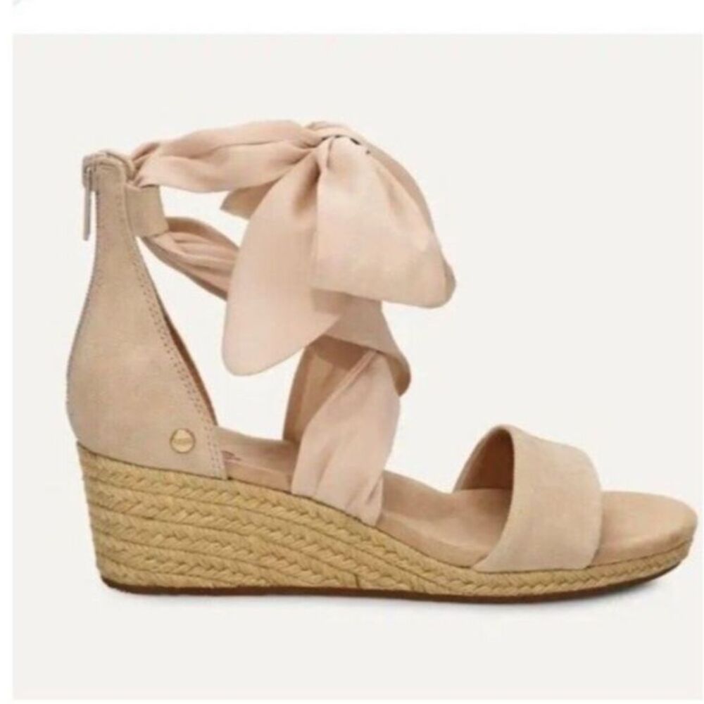 UGG Women's Trina Beige Suede Espadrille Ankle Ribbon Tie Wedge Sandal Size 8